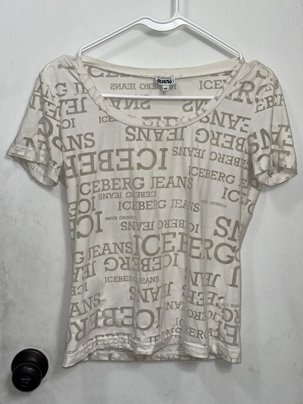 Vtg Iceberg Jeans Y2K Cream Burnout All Over Spell Out Top SZ 42 Italy US Sm